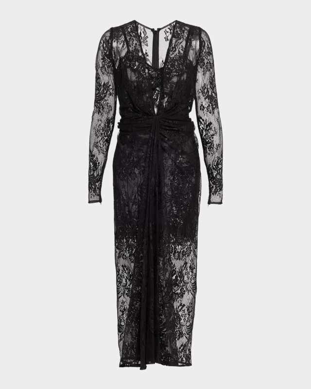 Plunging Twisted Chantilly Lace Long-Sleeve Midi Dress